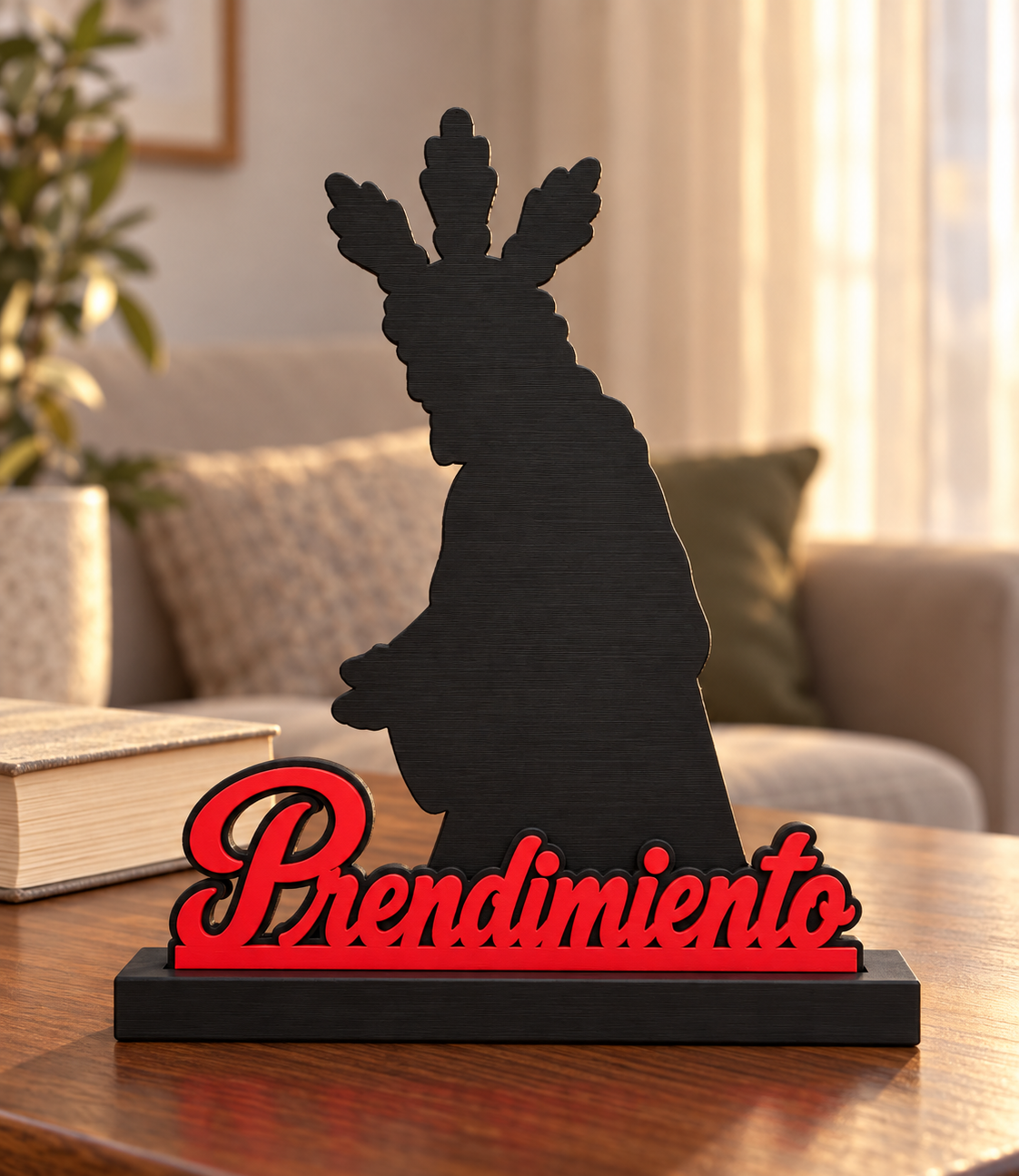 Recreación digital del Prendimiento con letras rojas y peana negra sobre una mesa de madera